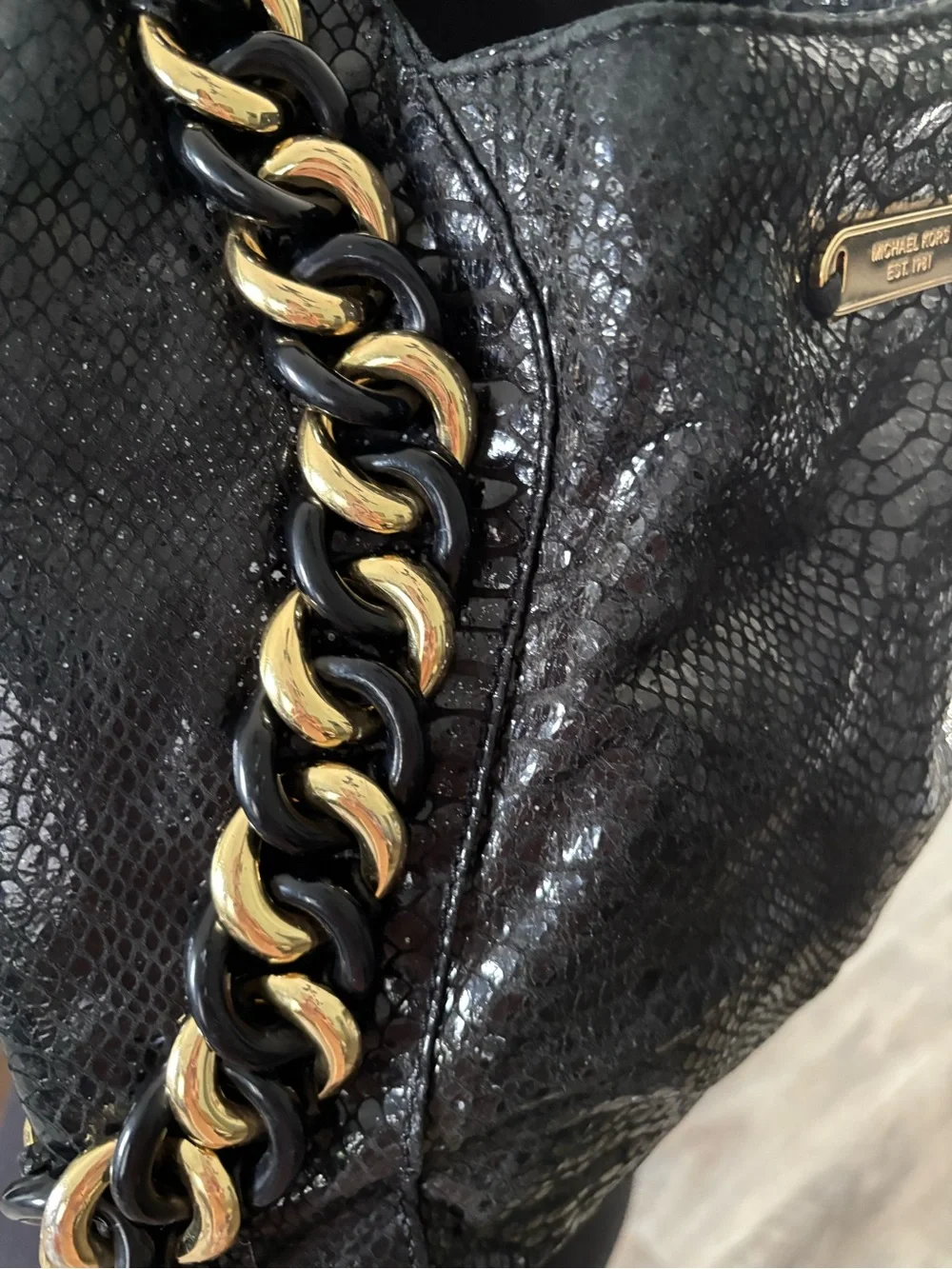 Michael Kors Black python hobo Shoulder Bag with Gold Chain Trim